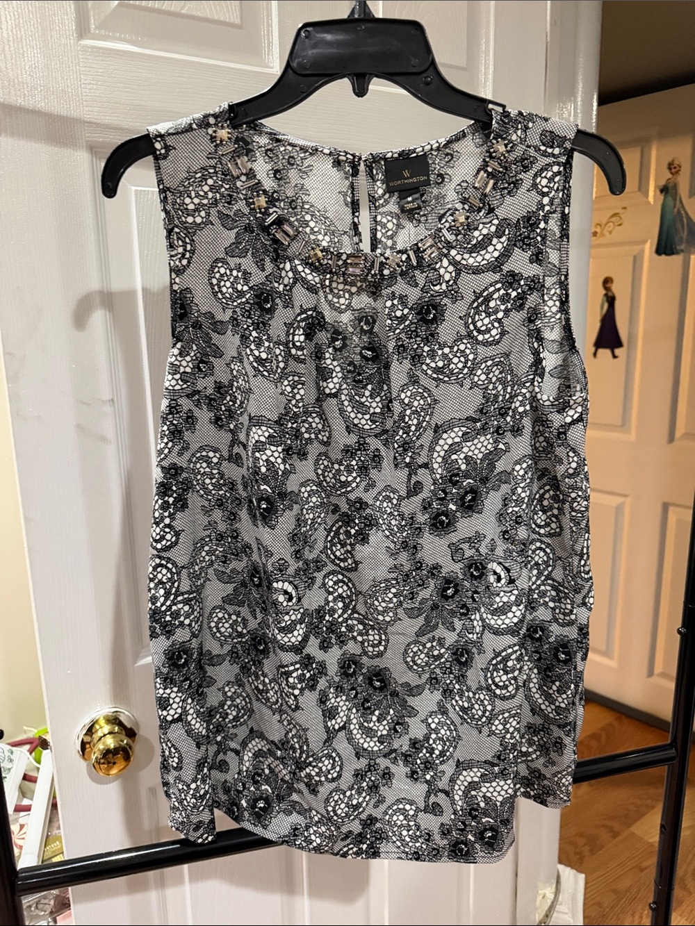 Worthington Black & White Beaded Lace-Print Sleeveless Camisole